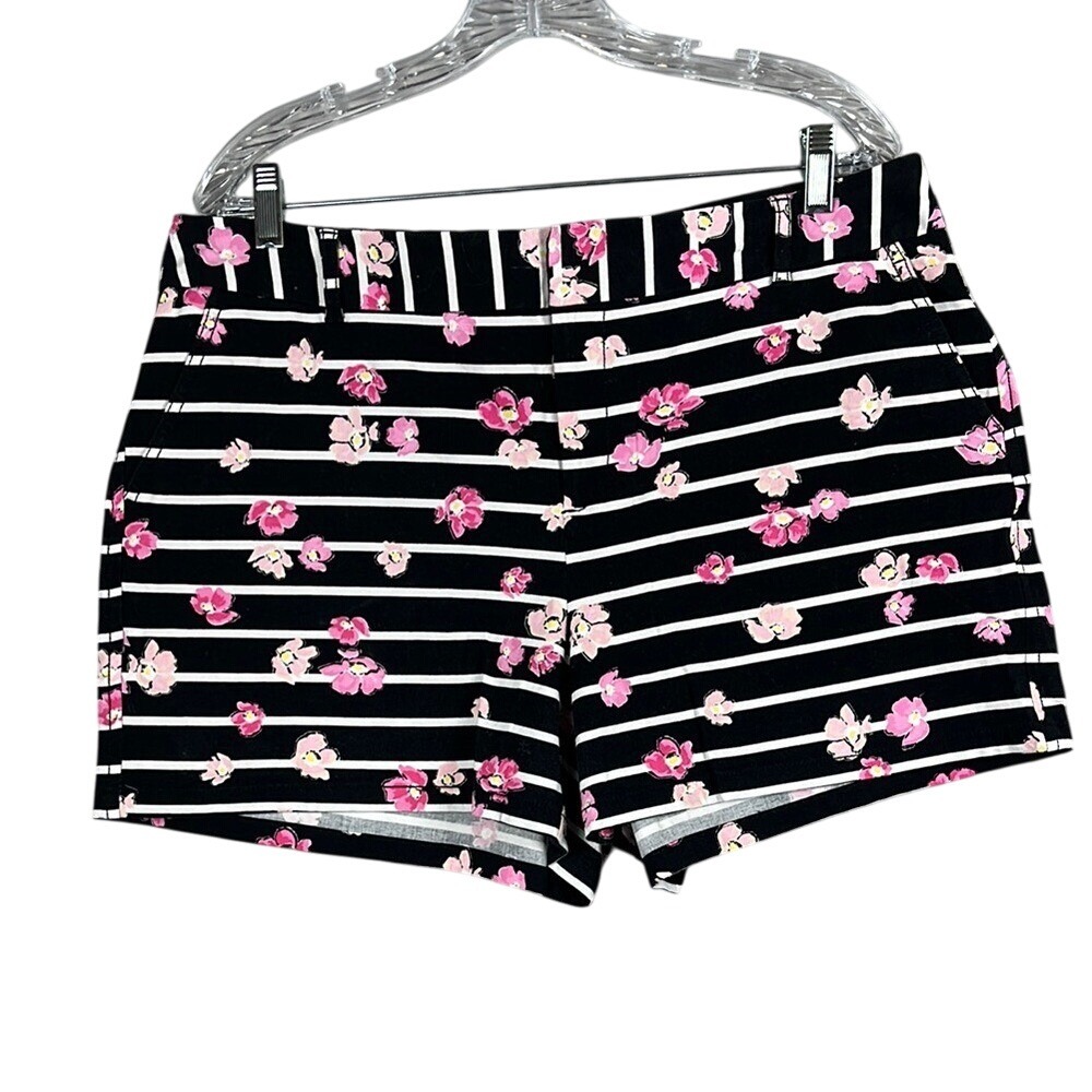 Elle‎ Floral Striped 4" Shorts Womens Size 14 Cotton/Spandex Pink Black